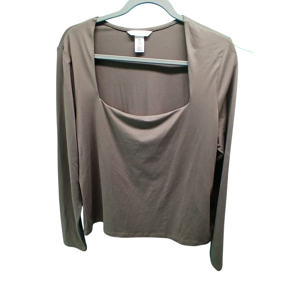 H&M Square Neck Top XL Taupe Brown Long Sleeve Minimalist Neutral Stretch